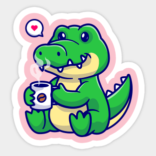 Cute Crocodile Drinking Coffee Cartoon Sticker